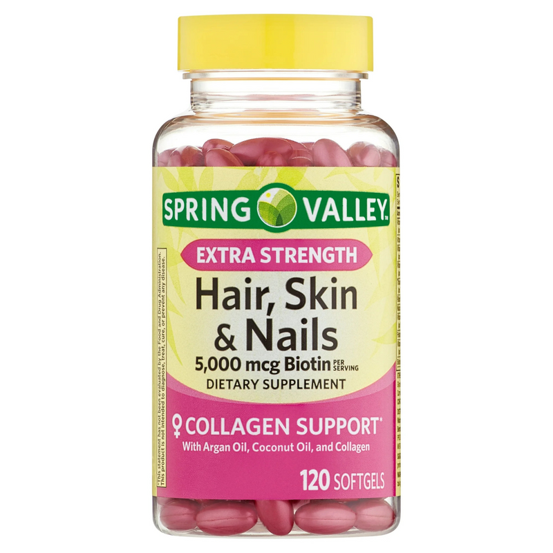 Spring Valley Extra Strength Hair, Skin & Nails Collagen Support, 5000mcg Biotin, 120 Soft gels