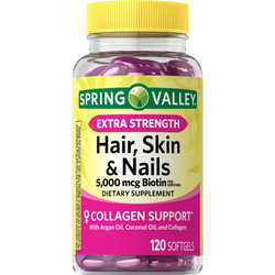 Spring Valley Extra Strength Hair, Skin & Nails Collagen Support, 5000mcg Biotin, 120 Soft gels