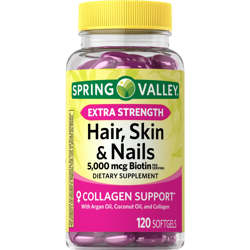 Spring Valley Extra Strength Hair, Skin & Nails Collagen Support, 5000mcg Biotin, 120 Soft gels